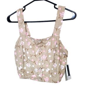 BP  Button Front Linen Blend Tan Beige - Pink Sophie Floral Crop Top XS NWT